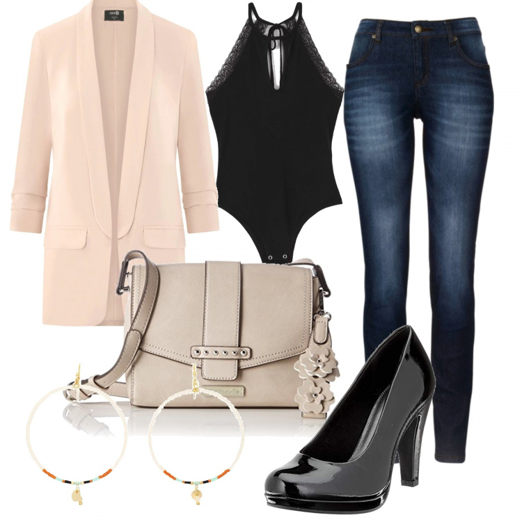 Outfit donna - BeigeNight. Stile Trendy per Serata fuori. Abbinamento con jeans skinny, orecchini con perline argento e oro, body con pizzo tinta unita nero, scarpa col tacco, blazer, borsa a tracolla.