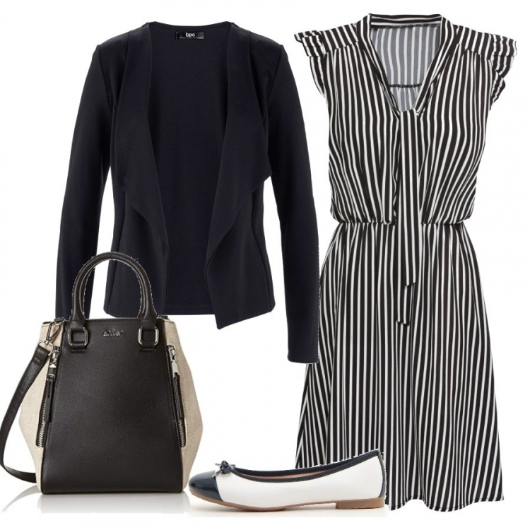 Outfit donna - Black and white. Stile Chic per Ufficio. Abbinamento con blazer, vestito con fiocco e ruches con scollo nero, ballerine, borsa a mano nero.