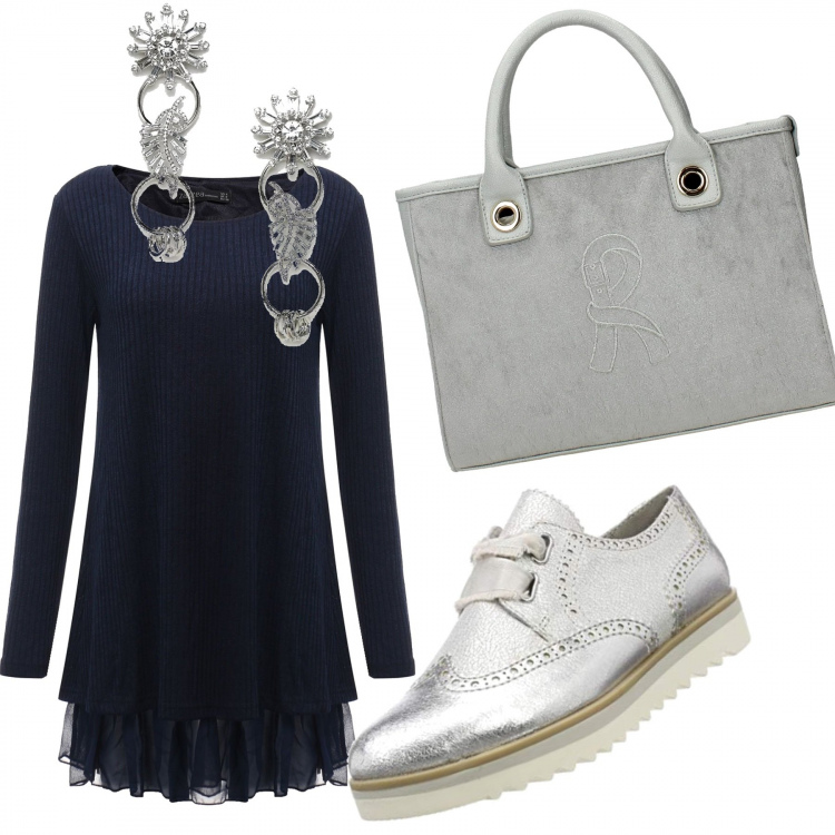 Outfit donna - #bagontop romantica.... Ma non troppo!. Stile Trendy per Ufficio. Abbinamento con borsa a mano, maglione mini con pizzo chiffon, scarpe stringate argento, orecchini argento.