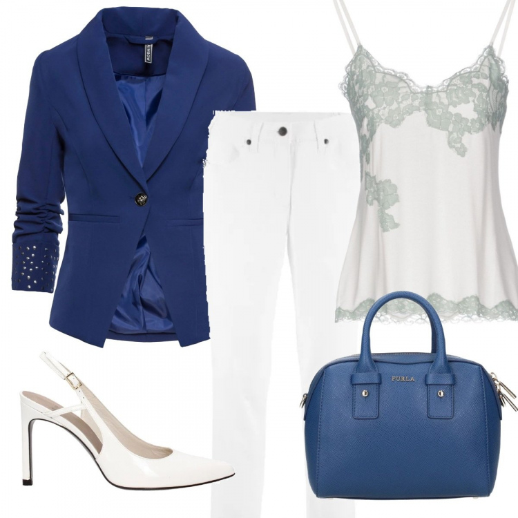 Outfit donna - Get the look - Scarlett Johansson. Stile Chic per Tutti i giorni. Abbinamento con canotta intima con pizzo fantasia scollatura profonda jersey, pantaloni, blazer con borchie, borse a mano, sandali.