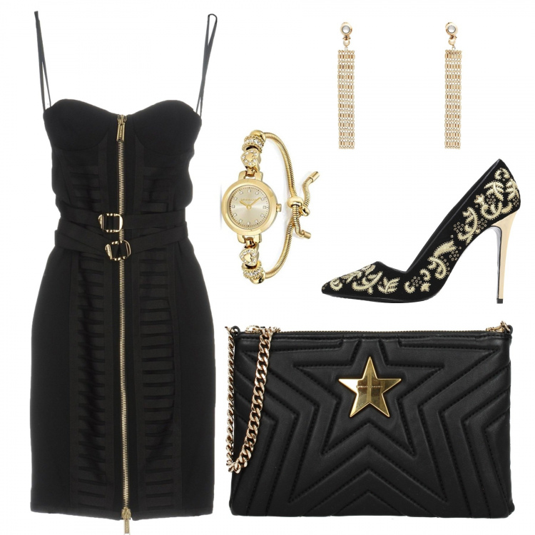 Outfit donna - Focus on bag. Stile Chic per Serata fuori. Abbinamento con vestito corto contrasto scollatura profonda senza maniche crêpe, décolleté, orecchini a clip in ottone oro, borsa a spalla eco nero, orologio oro.