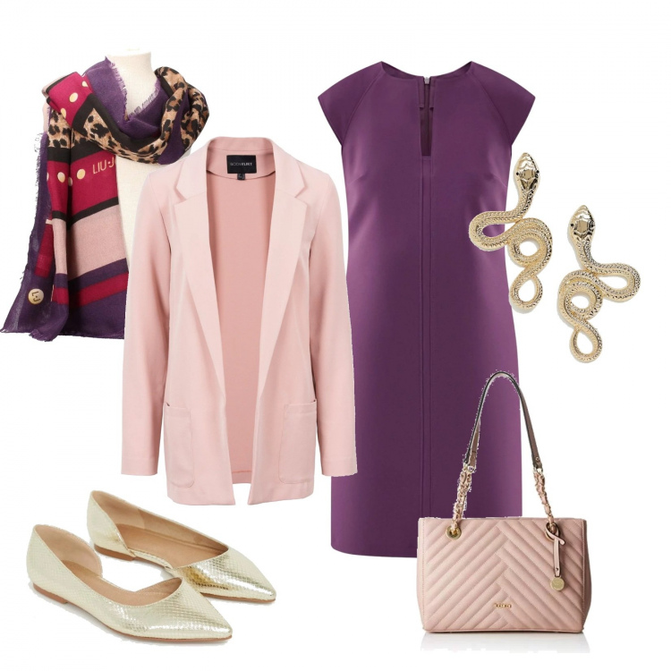 Outfit donna - Sempre perfetta in ufficio. Stile Basic per Ufficio. Abbinamento con vestiti corti, sciarpa viola, vestiti midi/longuette, ballerine pianta larga oro, borsa a spalla con zip rosa, orecchini petite motivo serpente oro.