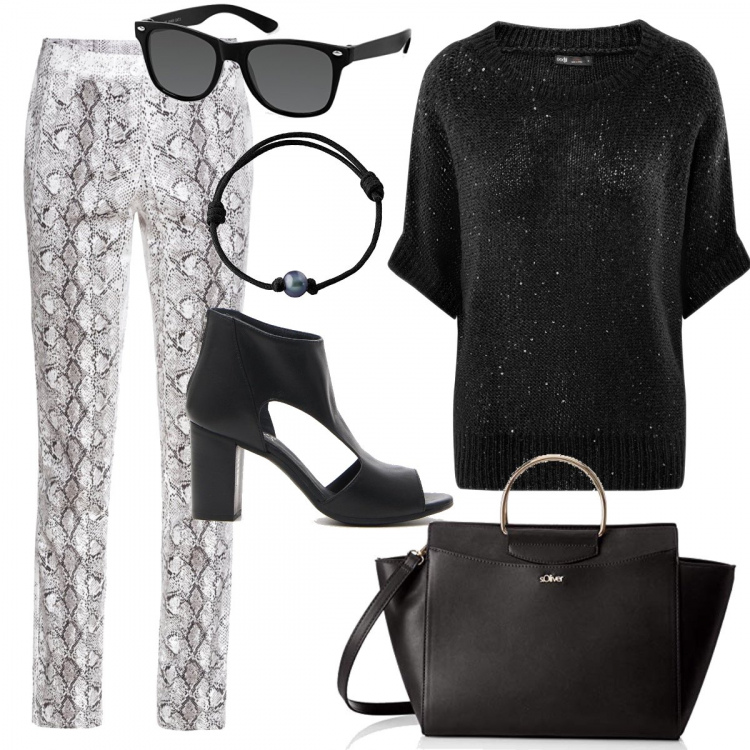 Outfit donna - Per le amanti del nero. Stile Basic per Tutti i giorni. Abbinamento con t-shirt sportive, maglione con paillettes aderente nero, borsa a mano, stivaletti, occhiali da sole grigio, bracciale con perle nero.