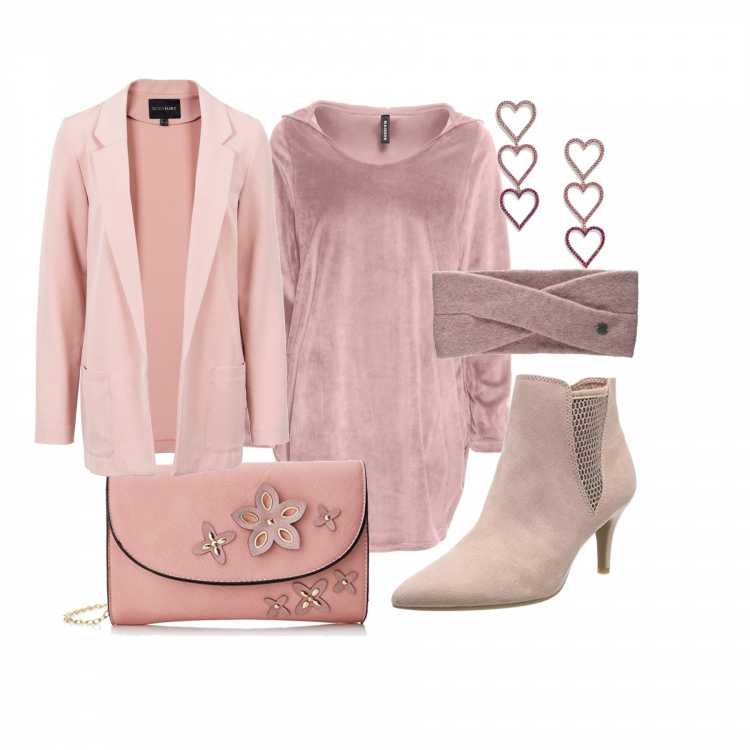 Outfit donna - Il vestito maglione di ciniglia. Stile Urban per Tutti i giorni. Abbinamento con vestiti corti, vestito rosa, stivaletti rosa, sciarpa, pochette, orecchini pendenti con strass farfalla rosa e oro.