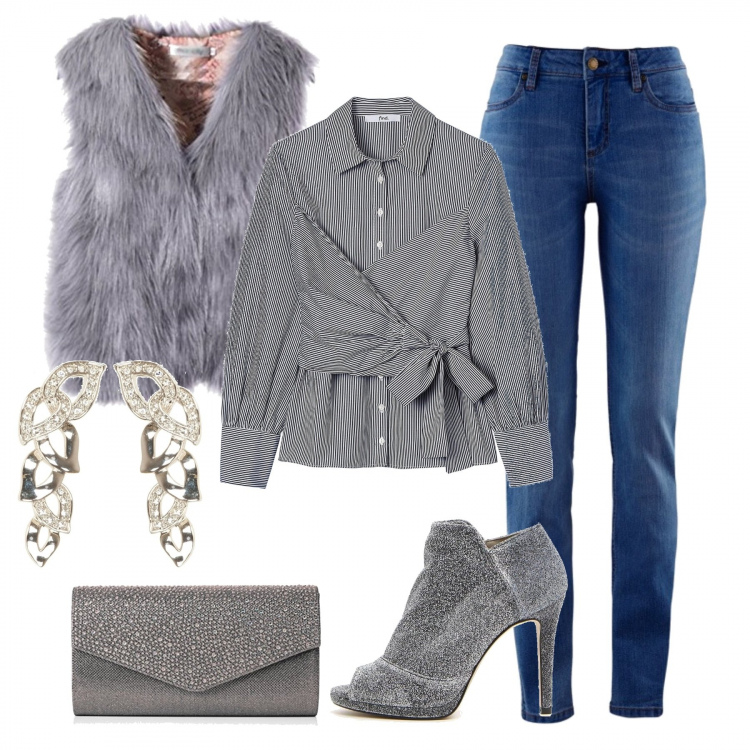 Outfit donna - Pronta a brillare. Stile Trendy per Serata fuori. Abbinamento con jeans skinny, stivaletti argento, orecchini argento, camicie, parka, pochette con strass glitter taglia unica grigio.
