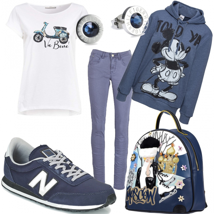 Outfit donna - Una gita in montagna. Stile Basic per Tutti i giorni. Abbinamento con gonne lunghe, borsa, scarpe blu, pantalone crema e blu, t-shirt, orecchini.