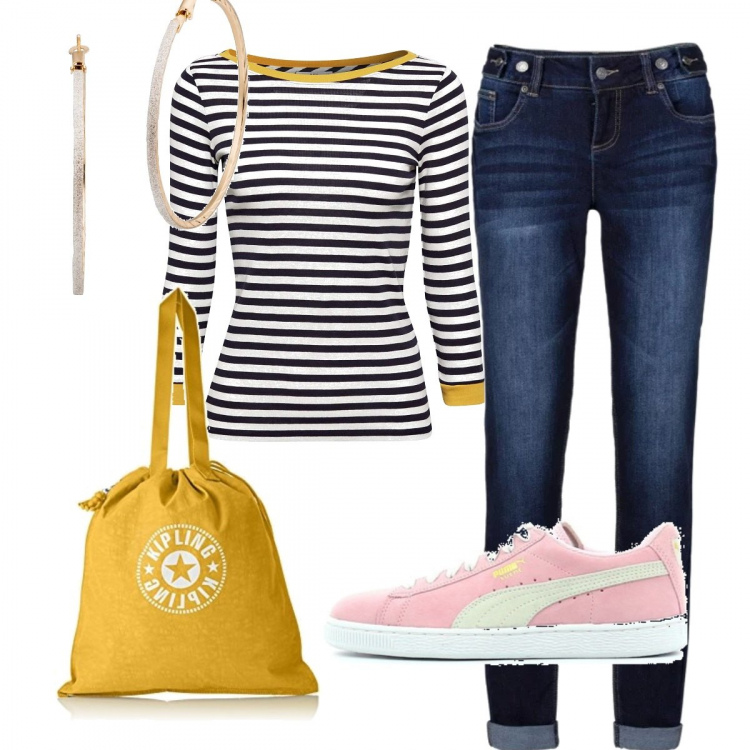 Outfit donna - Trendy #23108. Stile Trendy per Scuola/Università. Abbinamento con jeans boyfriend, orecchini, scarpe effetto scamosciato rosa, maglia contrasto con scollo a maniche lunghe navy, borse tote.