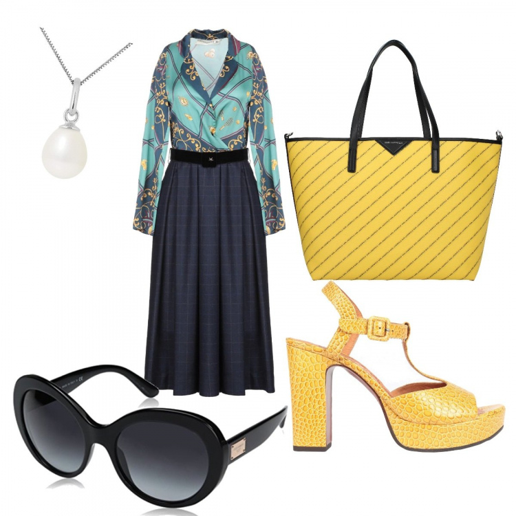 Outfit donna - La borsa che fa la differenza. Stile Chic per Cerimonia. Abbinamento con vestito in raso, sandali con stampa e tacco squadrato con punta tonda tinta unita, borsa a spalla, occhiali da sole nero, collana in oro bianco bianco.