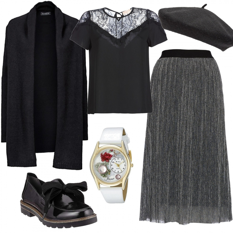 Outfit donna - Sognando Parigi. Stile Trendy per Serata fuori. Abbinamento con cardigans, cappelli, camicetta nero, mocassini nero, gonna midi effetto metallizzato argento, orologio.