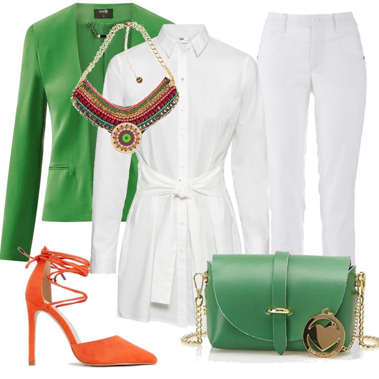 Outfit donna - Un trio prefetto. Stile Trendy per Tutti i giorni. Abbinamento con vestiti, pantaloni, blazer aderente verde, shopping bag verde, collana multicolore, scarpe con laccetti.