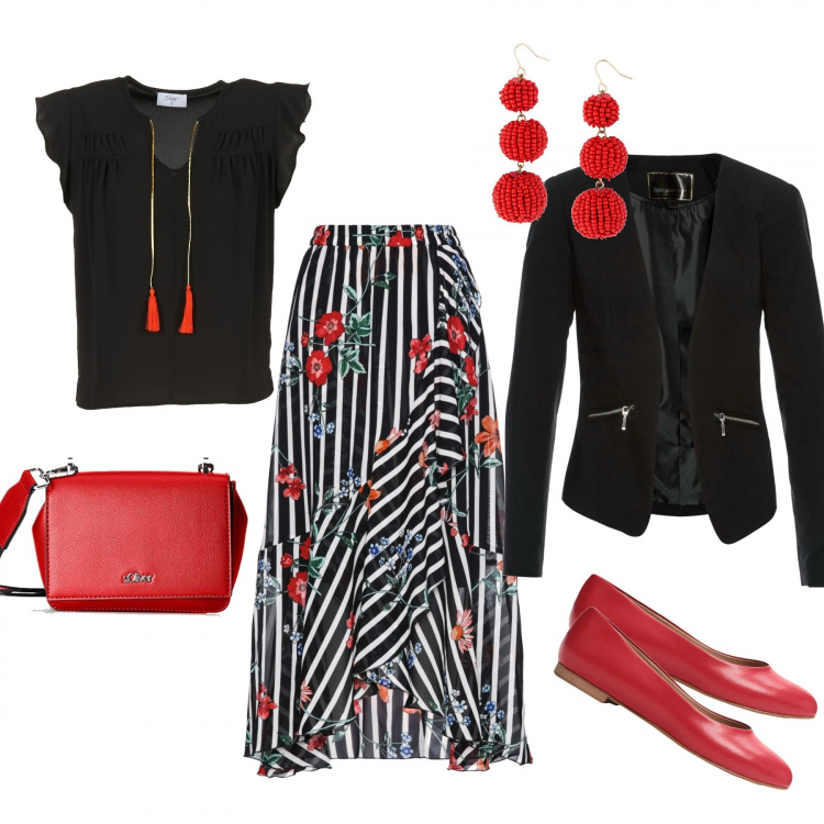 Outfit donna - La gonna con le balze. Stile Trendy per Tutti i giorni. Abbinamento con blazer, gonne, orecchini a goccia rosso, ballerine con punta tonda in pelle sintetica tinta unita, camicetta nero, borsa a tracolla.