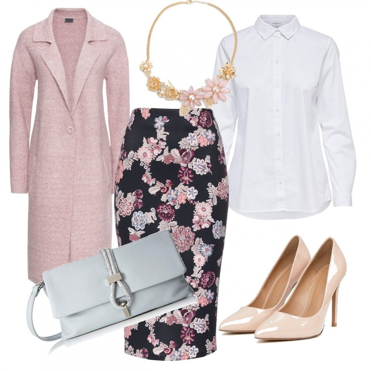 Outfit donna - Camicia bianca must have. Stile Chic per Ufficio. Abbinamento con cappotti, collana con perle fantasia floreale oro, gonne, décolleté con tacco alto, camicie, clutch.