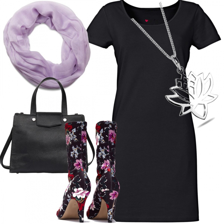 Outfit donna - Che stivaletti!. per Ufficio. Abbinamento con vestiti, borsa a tracolla con borchie e zip interno foderato in pelle sintetica nero, stivali, ciondoli, sciarpa.