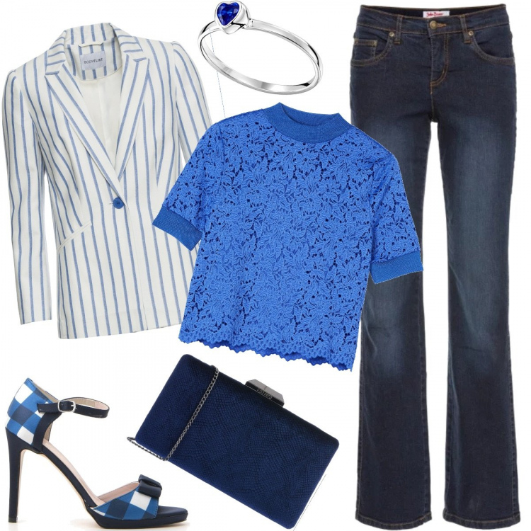 Outfit donna - Jeans a nozze. Stile Trendy per Cerimonia. Abbinamento con jeans dritti, maglieria, borsa a mano mini a scatto in velluto tinta unita, camicie a manica corta, sandali, anello blu e argento e rosa e viola.