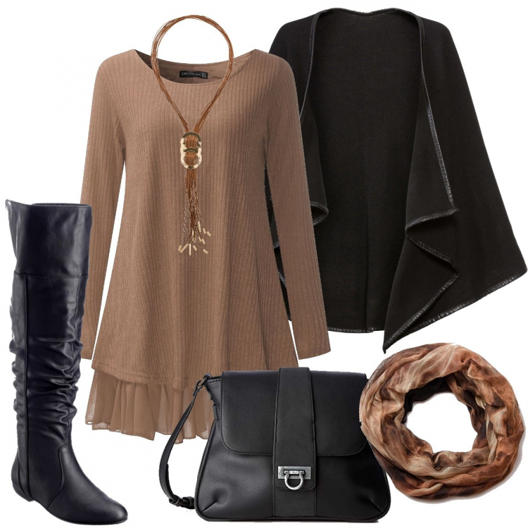 Outfit donna - Sfumature d’autunno. Stile Bon Ton per Tutti i giorni. look ideale per Premaman. Abbinamento con stivali sopra il ginocchio, collana lunga oro, cappotti, maglione con pizzo, sciarpa, borsa a spalla nero.