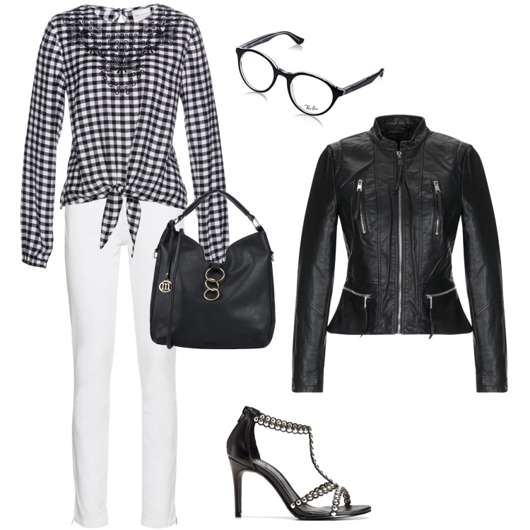 Outfit donna - Trendy #23284. Stile Trendy per Tutti i giorni. Abbinamento con jeans skinny, blusa con nodi e ricamo a maniche lunghe bianco, sandali con perle e zip nero, giubbotto collo coreana a maniche lunghe con zip interno foderato in pelle sintetica tinta unita, borsa a mano, montatura occhiali nero.