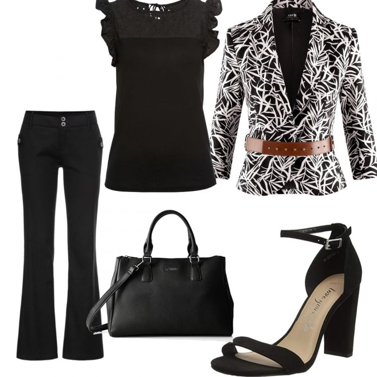 Outfit donna - Trendy #23451. Stile Trendy Abbinamento con t-shirt, pantaloni, blazer con cintura nero, sandali con cinturino pianta larga nero, borsa a spalla.