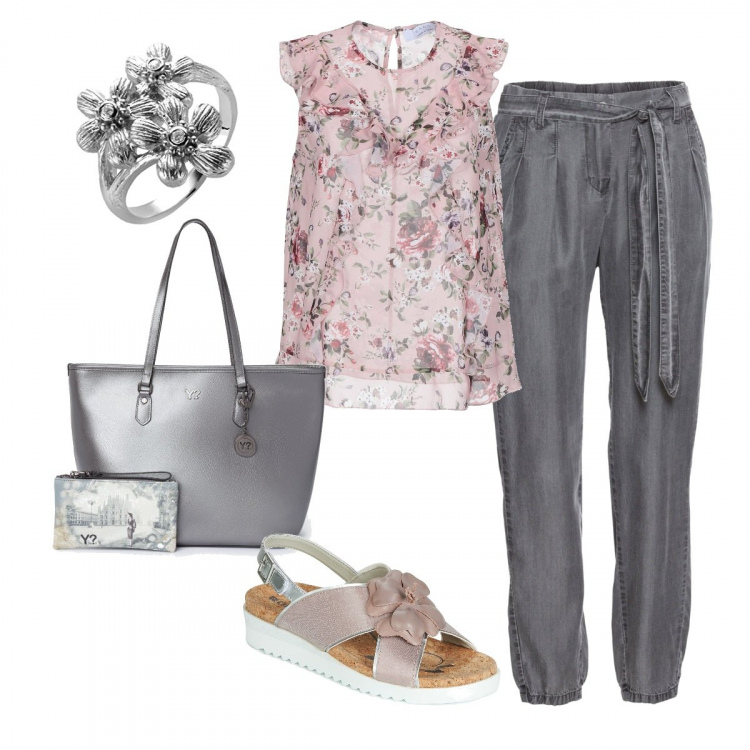 Outfit donna - Voile. Stile Trendy per Serata fuori. Abbinamento con top fantasia floreale con ruches collo tondo senza maniche con bottoni, pantaloni, sandali, borsa a tracolla con zip argento, anello in argento 925.