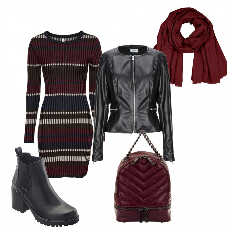 Outfit donna - Autunno low cost parte 2. Stile Rock per Tutti i giorni. Abbinamento con stivaletti chelsea, vestito corto, giubbotto collo tondo a maniche lunghe con zip interno foderato in pelle sintetica tinta unita, zaino con zip, sciarpe.
