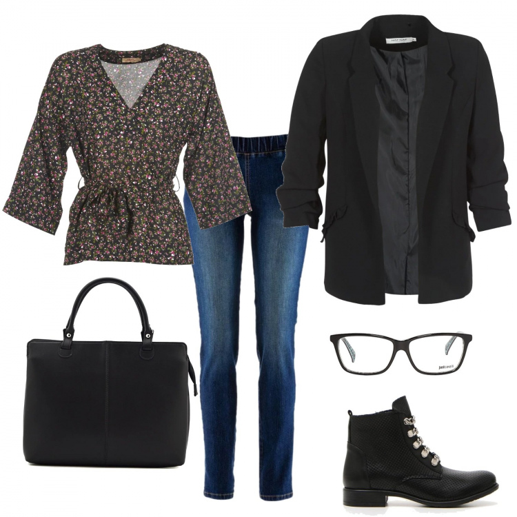 Outfit donna - Casual in ufficio. Stile Urban per Tutti i giorni. Abbinamento con treggings, giacca nero, camicia nero, borsa a tracolla nero, stivaletti, montatura occhiali nero.