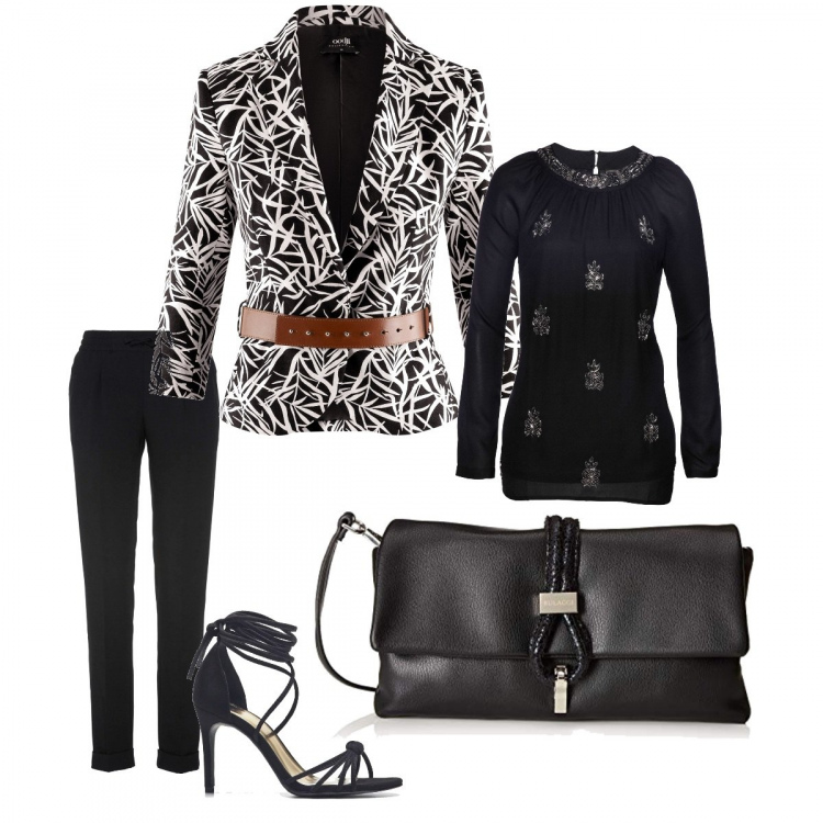 Outfit donna - Total look #326623. Abbinamento con pantaloni, body, clutch, blazer con cintura nero.