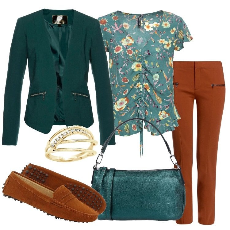 Outfit donna - Tempo d\'autunno. Stile Basic per Tutti i giorni. Abbinamento con blazer, blusa con volant fantasia floreale verde, borsa a mano con manico in pelle martellata taglia media con zip tinta unita, pantaloni, mocassini con punta tonda marrone, anello in oro giallo componibile.