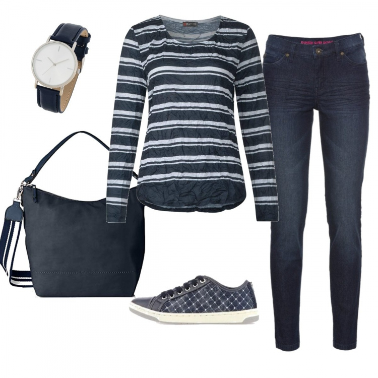 Outfit donna - Righe blu. Stile Basic per Tutti i giorni. Abbinamento con jeans skinny, maglieria, scarpe blu, pullovers, borsa a spalla blu.