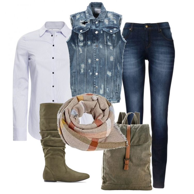 Outfit donna - Passeggiata in libertà. Stile Trendy per Tutti i giorni. Abbinamento con jeans skinny, zaini, stivali, giacca delavé collo classico in denim tinta unita, sciarpa beige, camicia con bottoni blu.