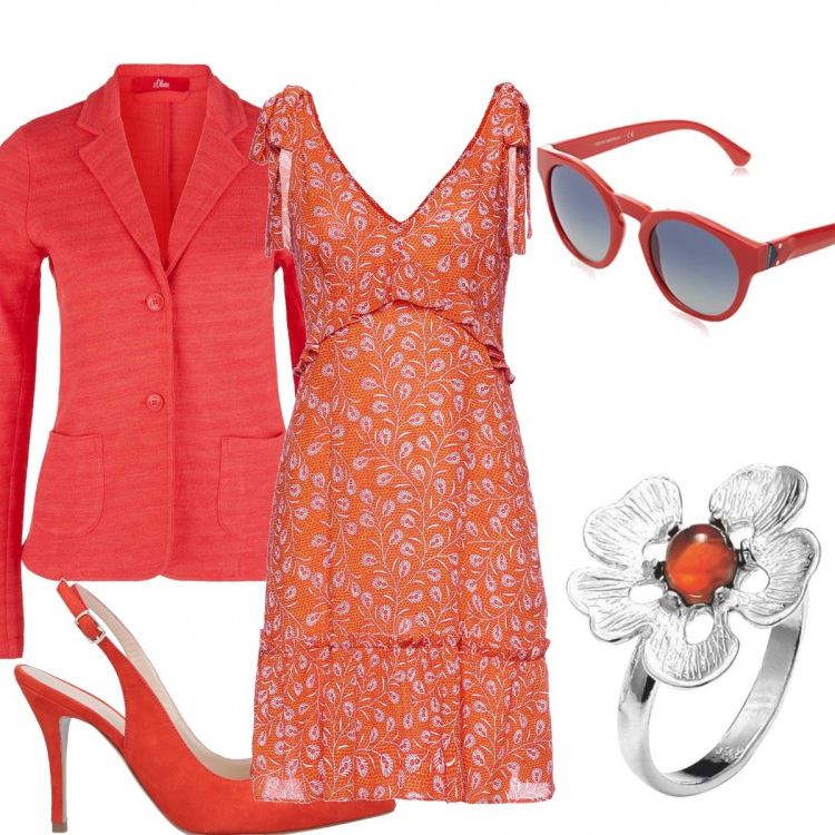 Outfit donna - Orange. Stile Trendy per Ufficio. look ideale per Tall. Abbinamento con décolleté slingback effetto scamosciato con tacco spillo e fibbia a punta tinta unita, vestito con volant e pattern con scollo multicolore e arancione, blazer, occhiali da sole rosso, anello in argento 925.
