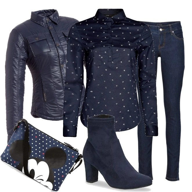 Outfit donna - Simpatico total blu. Stile Basic per Scuola/Università. Abbinamento con jeans skinny, borse a tracolla, camicia taglio dritto con taschini e tasche blu, giacca imbottita traspirante blu scuro, stivaletti elasticizzato blu.