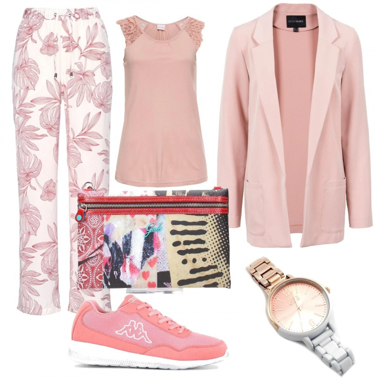 Outfit donna - Urban #7256. Stile Urban per Scuola/Università. look ideale per Tall. Abbinamento con vestiti corti, top con pizzo e scollo taglio dritto rosa, pantalone fantasia con coulisse bianco, sneakers suola leggera rosso, orologio analogico bianco, shopping bag multicolore.
