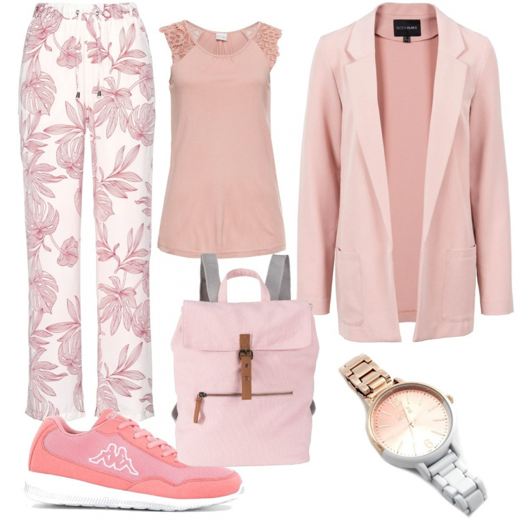 Outfit donna - Urban #7314. Stile Urban per Scuola/Università. look ideale per Tall. Abbinamento con vestiti corti, pantalone fantasia con coulisse bianco, top con pizzo e scollo taglio dritto rosa, sneakers suola leggera rosso, zaini, orologio analogico bianco.
