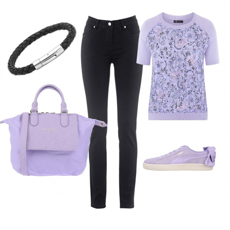Outfit donna - Che bello il lilla!. Stile Basic per Scuola/Università. Abbinamento con jeans dritti, borsa a mano petit con zip interno foderato in tessuto tecnico tinta unita, sneakers, maglia con pizzo a maniche corte aderente viola, braccialetti.