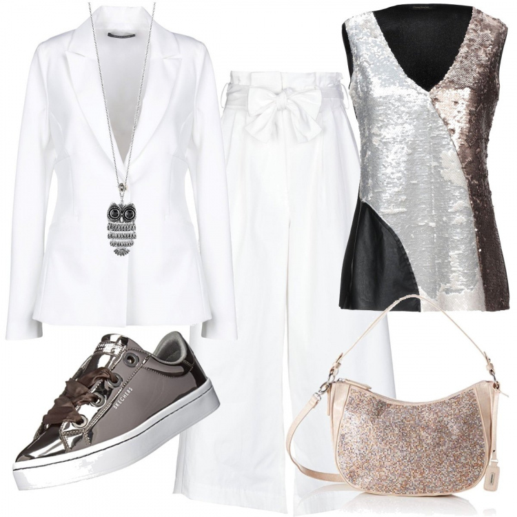 Outfit donna - Inspo Alberta Ferretti: street look. Stile Urban per Serata fuori. look ideale per Tall. Abbinamento con top fantasia multicolore con paillettes collo a v senza maniche in pelle sintetica jersey, giacca con spacco posteriore collo con revers a maniche lunghe interno foderato jersey, pantaloni, scarpe da ginnastica grigio, borse a spalla, ciondoli.