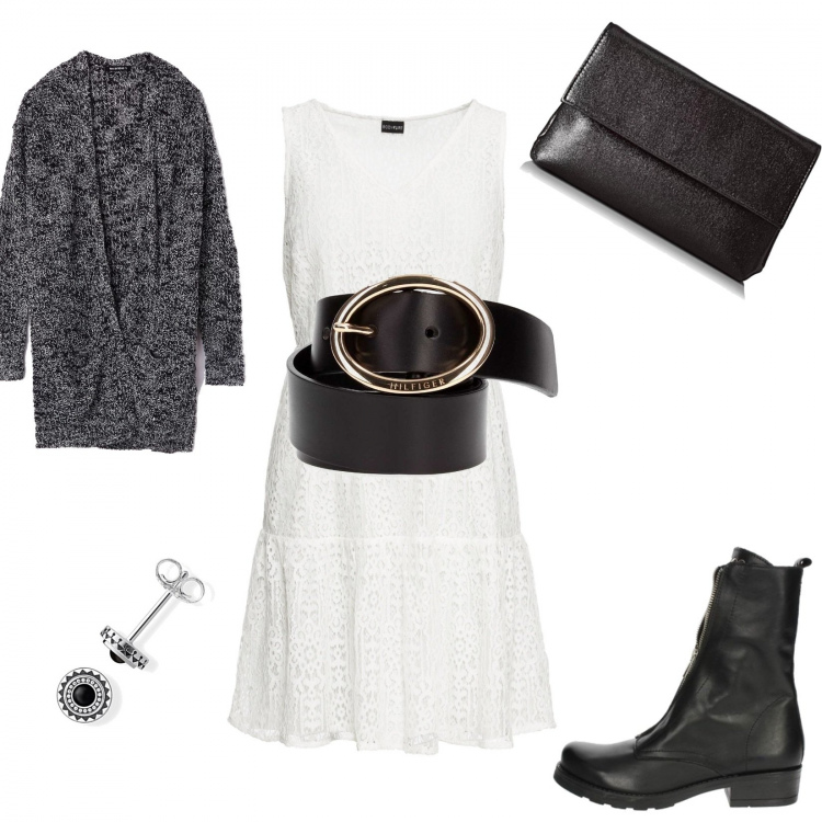 Outfit donna - Blackisback. per Tutti i giorni. Abbinamento con vestiti, cardigan maxi tinta unita nero, stivali nero, cinture, pochette nero, orecchini a perno in sterling 925 argento.