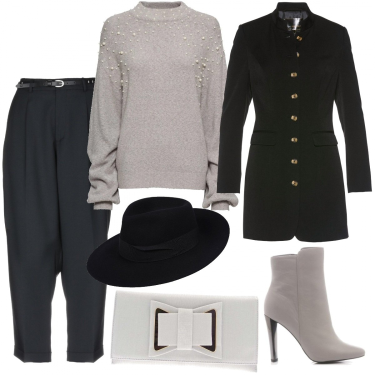 Outfit donna - Brand inspo: Alberta Ferretti. Stile Trendy per Tutti i giorni. Abbinamento con maglieria, blazer, pantalone, cappello in lana tinta unita, stivaletti grigio, shopping bag argento.
