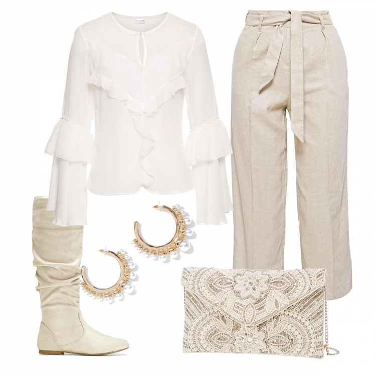 Outfit donna - Brand inspo: Alberta Ferretti 2020. Stile Trendy per Tutti i giorni. Abbinamento con pochette, blusa con volant e pizzo bianco, stivali, pantalone beige, orecchini petite con perle farfalla oro.