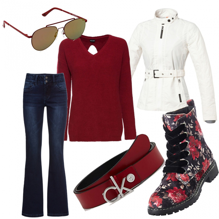 Outfit donna - Oggi...giro in moto. Stile Basic per Tutti i giorni. Abbinamento con jeans bootcut, costumi interi, vestiti, giacca traspirante grigio, cinture, occhiali da sole bordeaux.