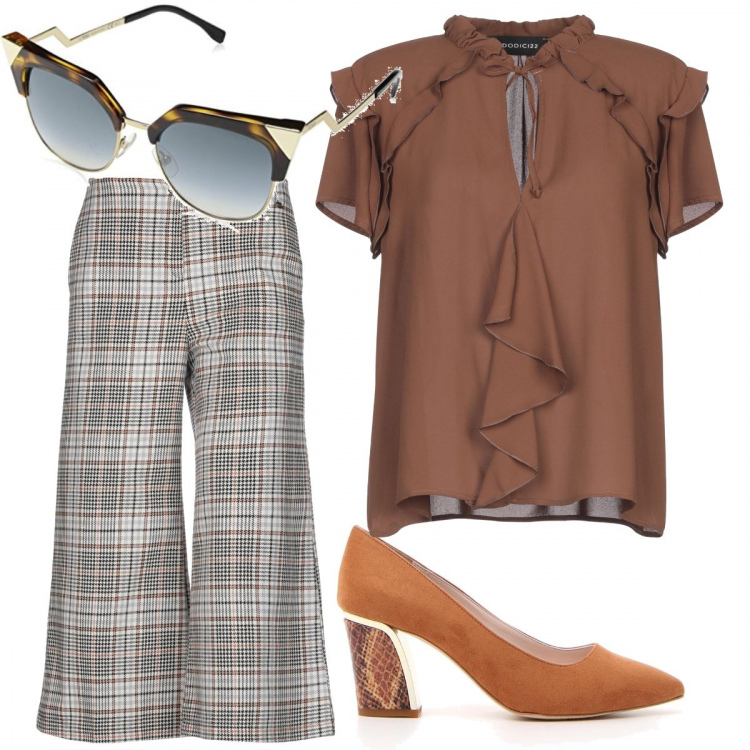 Outfit donna - Total marrone. Stile Trendy per Ufficio. Abbinamento con pantalone wide leg fantasia vita alta con zip in flanella con bottoni, blusa senza tasche con ruches collo tondo a maniche corte con laccetti crêpe, décolleté, occhiali da sole oro.