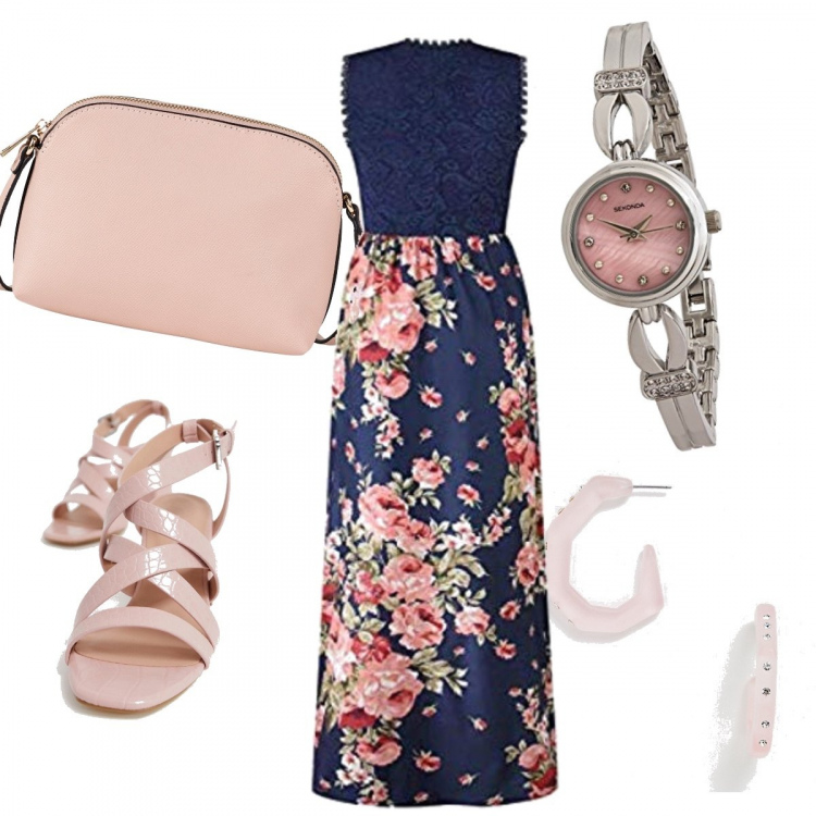 Outfit donna - Alberta Ferretti. Stile Chic per Cerimonia. Abbinamento con vestito lungo con pizzo e stampa senza maniche maxi con tasche, sandali con tacco largo collo aperto rosa, orecchini con strass rosa e pastello, cappelli con visiera, orologio.