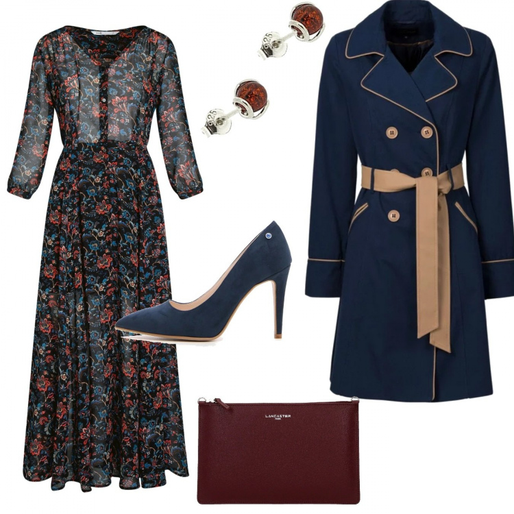 Outfit donna - Alberta Ferretti ispo.... Stile Bon Ton per Serata fuori. Abbinamento con trench, pochette, vestito lungo, décolleté, orecchini.