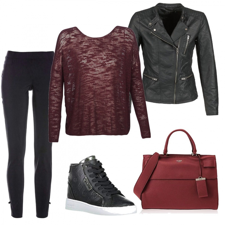 Outfit donna - Autunno Rosso Merlot. Stile Urban per Tutti i giorni. Abbinamento con pantalone elasticizzato nero, maglione rosso, blazer, sneakers collo alto in pelle nero, borsa a mano in ecopelle rosso e bordeaux.