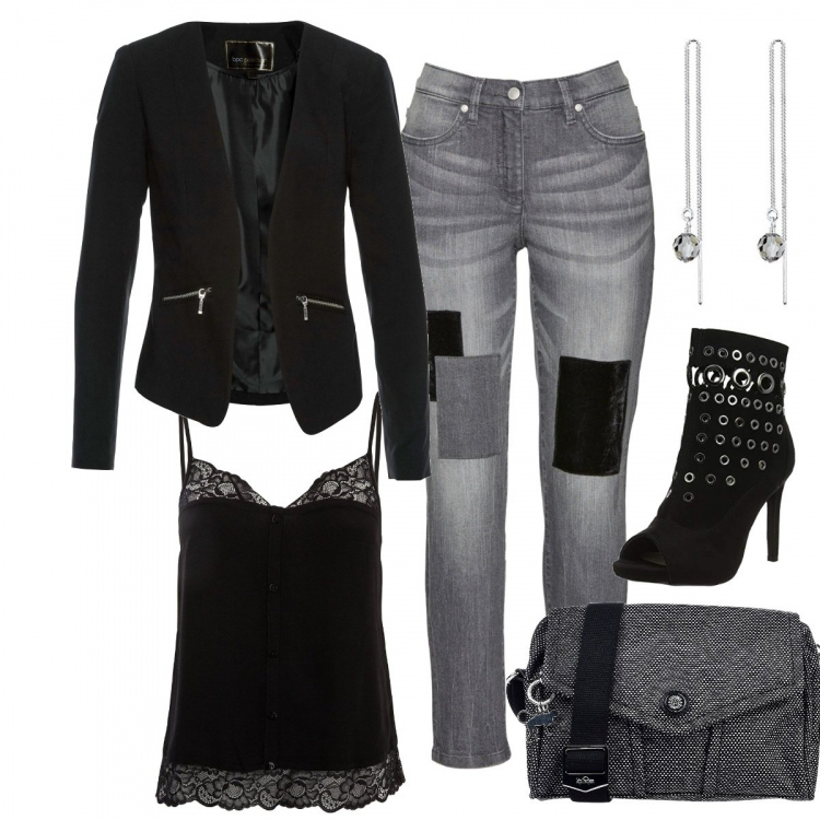 Outfit donna - Rock #2444. Stile Rock per Serata fuori. Abbinamento con blazer, jeans in denim grigio, borsa a tracolla fantasia taglia media con zip interno foderato in tessuto tecnico, scarpe col tacco open toe nero, canottiera nero, orecchini.