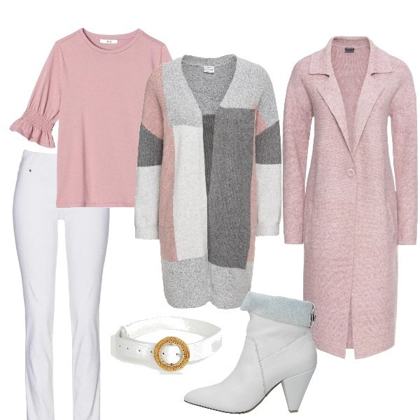 Outfit donna - Brand Inspo Alberta Ferretti. Stile Basic per Tutti i giorni. Abbinamento con cappotti, pantaloni, cardigans, stivaletti a punta tinta unita, t-shirt con arricciature e scollo a maniche corte rosa, cintura con fibbia in denim lunghezza regolabile bianco.
