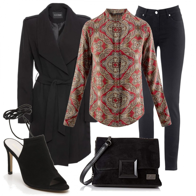 Outfit donna - La camicia giusta su un total black. Stile Urban per Tutti i giorni. Abbinamento con jeans slim fit, trench, camicia, sandali effetto scamosciato con lacci e punta tonda nero, borsa a mano nero.