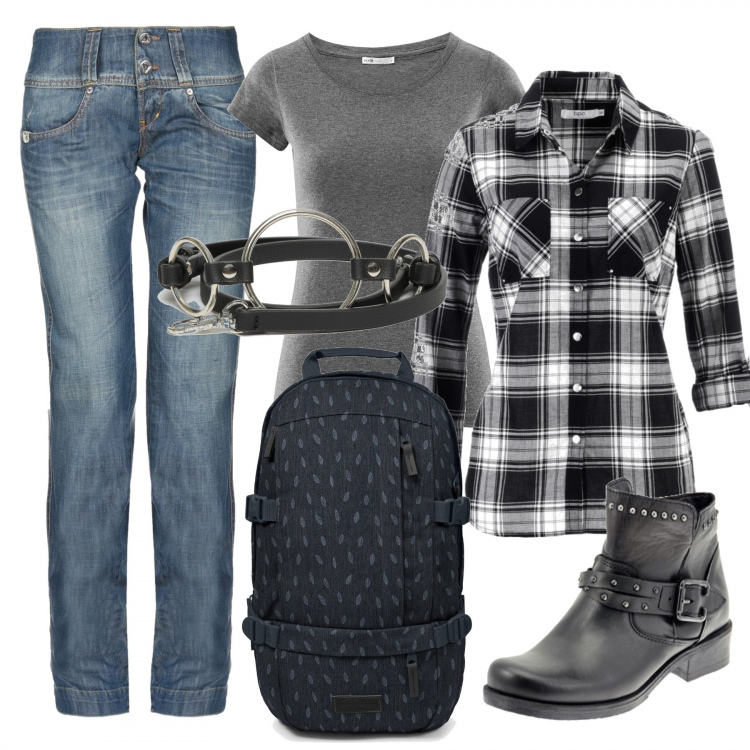 Outfit donna - Ispirato a Drew Barrymore. Stile Urban per Scuola/Università. Abbinamento con camicie, jeans delavé in denim tinta unita, zaino, stivaletti, t-shirt aderente grigio, cintura nero.