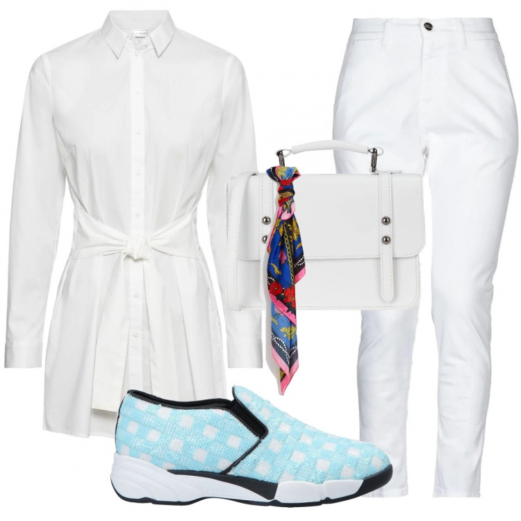 Outfit donna - Pinko shoes#4. Stile Trendy per Tutti i giorni. Abbinamento con vestiti, sneakers, pantalone chino, borsa a tracolla mini con zip interno sfoderato in pelle tinta unita, sciarpa fantasia floreale blu.