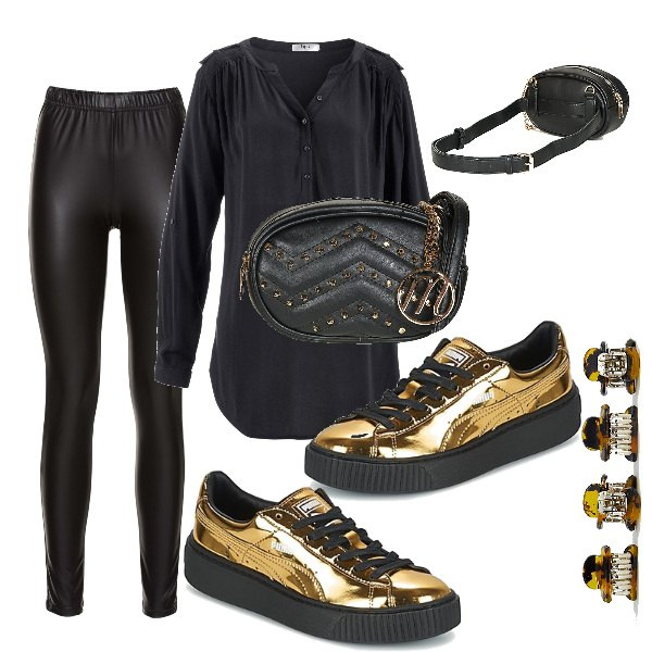 Outfit donna - La vetrinista - Back to work. Stile Trendy per Ufficio. Abbinamento con tuniche, treggings, sneakers, marsupio nero, collana con gancetto.