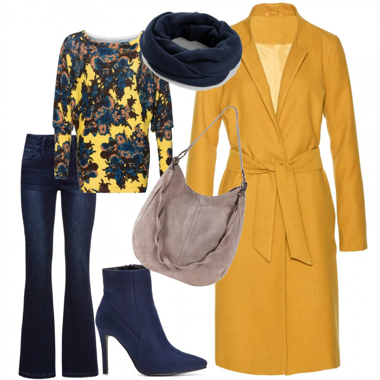 Outfit donna - Bonprix total look. Stile Urban per Tutti i giorni. Abbinamento con jeans bootcut, borse a mano, pullover giallo, cappotti, stivaletti con tacco alto e zip blu, foulard.