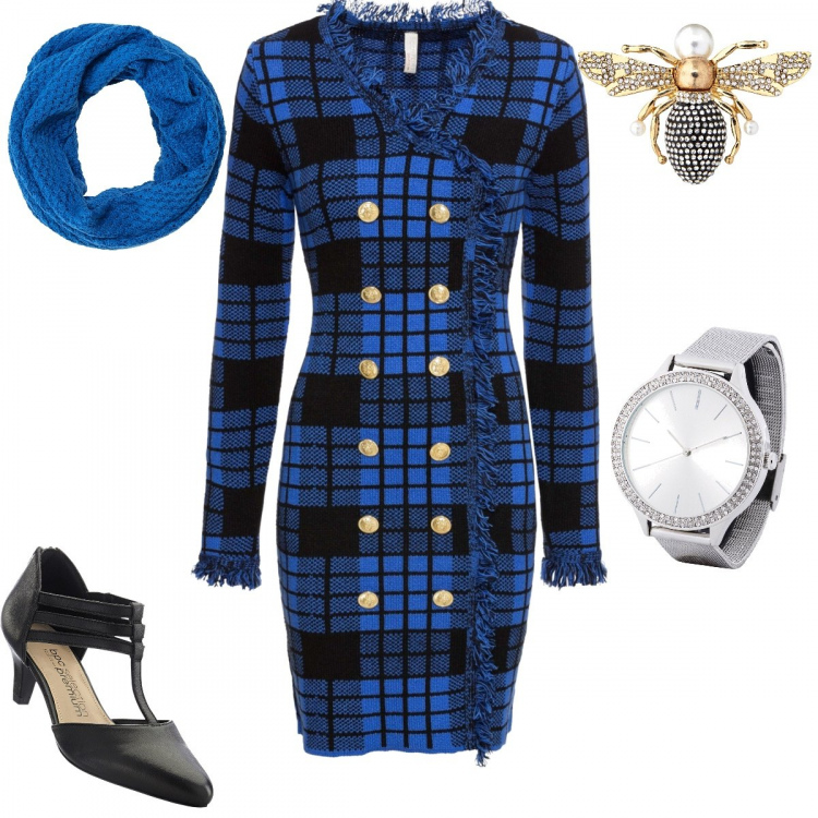 Outfit donna - Bonprix Total Look. Stile Chic per Ufficio. Abbinamento con vestiti, décolleté, anello con spilla oro, orologio, top.